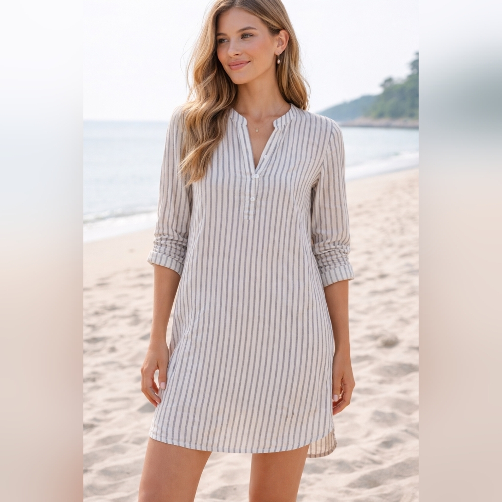 Striped Linen-Blend Beach Coverup Dress in Cream and Gray